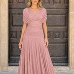Elegant V-Neck Ruched Midi Dress with Pleated Skirt