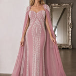 Rhinestone Embellished Cape Evening Gown Sweetheart Formal Dress