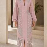 Sequin & Beaded Belted Maxi Gown with Bishop Sleeves