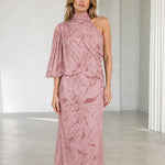 One-Shoulder High Neck Embellished Maxi Dress with Draped Flutter Sleeve