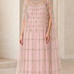 High Neck Beaded Cape Evening Gown Elegant Embellished Maxi Dress