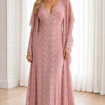 Sequin Embroidered V-Neck Maxi Evening Gown with Sheer Lace Duster Jacket Set