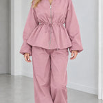 Women's Drawstring Peplum Zip Jacket and Wide-Leg Pants Two-Piece Set