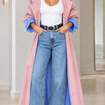 Maxi Contrast Pinstripe Lined Trench Coat with Lapel Collar
