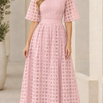 Mock Neck Sheer Grid Overlay Maxi Dress with Flutter Half Sleeves