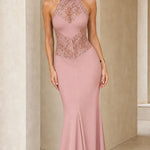 Elegance Halter Neck Lace Panel Maxi Evening Dress