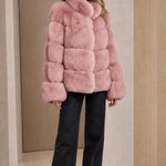 Stand Collar Paneled Faux Fur Plush Winter Jacket