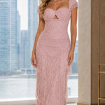 Rhinestone Sweetheart Fringe Maxi Gown with Cap Sleeves