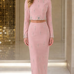 Rhinestone Embellished Long Sleeve Crop Top and Midi Skirt Two-Piece Set