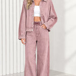 Women's Side Stripe Denim Jacket and Wide Leg Pants Two-Piece Set