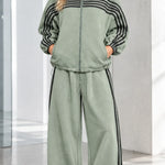 Women's Striped Zip-Up Track Jacket and Wide-Leg Sweatpants Set