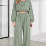 Women's 3-Piece Casual Cropped Zip Hoodie and Wide-Leg Lounge Set