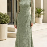 High Neck Sequin Lace Evening Gown with Long Sleeves