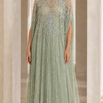 High Neck Beaded Cape Evening Gown Elegant Embellished Formal Maxi Dress