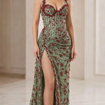 Halter Neck Corset Sequin Evening Gown with Thigh Slit