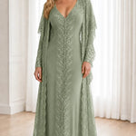 Sequin Embroidered V-Neck Maxi Evening Gown with Sheer Lace Duster Jacket Set