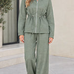 Women's Drawstring Waist Zip-Up Hoodie and Wide Leg Pants Two-Piece Lounge Set