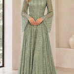 Sequined High-Neck Long Sleeve Evening Gown with Bell Sleeves