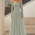 Off-the-Shoulder Pearl Beaded Basque Waist Corset Evening Gown