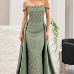 Off-Shoulder Beaded Evening Gown with Overskirt