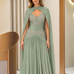 Elegant Embellished Cape Evening Gown with Pleated Skirt