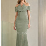 Off-the-Shoulder Pearl Embellished Fringe Hem Maxi Evening Dress