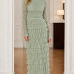 Elegant Lace Mock Neck Tiered Ruffle Maxi Dress