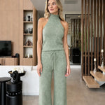 Sleeveless Mock Neck Knit Top and Wide-Leg Pants Two-Piece Set
