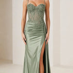 Sleeveless Beaded Corset Slit Formal Evening Dress