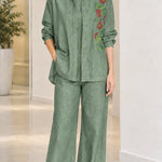 Women's Floral Embroidered Denim Shirt and Wide-Leg Pants Set