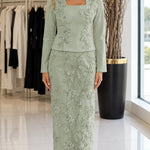 Floral Embroidered Square Neck Jacket & Maxi Skirt Two-Piece Formal Set