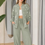 Women's Pearl Embellished Zip Bomber Jacket and Wide-Leg Pants 2-Piece Set