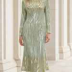 Metallic Sequin Chevron Long Sleeve Midi Evening Dress