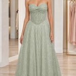 Strapless Glitter Tulle Sweetheart Corset Evening Gown