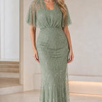 Beaded Flutter Sleeve Evening Gown Elegant Sparkle Maxi Dress