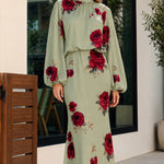Floral Print High Neck Long Sleeve Maxi Dress with Back Tie