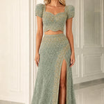 Two-Piece Beaded Evening Gown Set with Puff Sleeves and High Slit Skirt