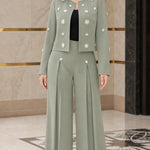 Star Embellished Cropped Jacket and Pleated Wide Leg Pants 2-Piece Suit Set