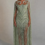 Luminous Beaded Fringe Cape Evening Gown
