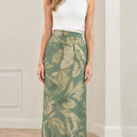 High-Waisted Metallic Jacquard Column Maxi Skirt with Feather Trim