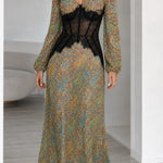 Paisley Print Lace Corset Waist Maxi Dress with Long Sleeves