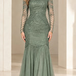 Square Neck Beaded Long Sleeve Mermaid Evening Gown