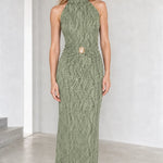 High Neck Sleeveless Glitter Textured Maxi Dress with Waist Ornament