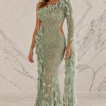 One-Shoulder 3D Floral Applique Cutout Maxi Evening Dress