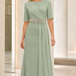 Elegant Beaded Waist Draped Short Sleeve Maxi Evening Dress