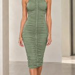 High Neck Metallic Collar Ruched Sleeveless Midi Dress