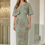 Sequined Floral Capelet Sheath Midi Dress