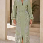 Sequin & Beaded Belted Maxi Gown with Bishop Sleeves