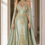 Halter Neck Embroidered Cape Evening Gown with Beaded Fringe