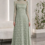 High Neck Beaded Mesh Long Sleeve A-Line Evening Gown